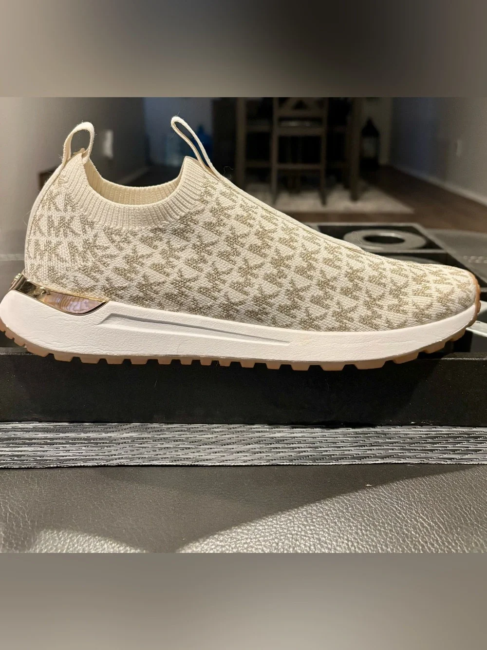 New Michael Kors Cream & Gold Slip-On Sneaker - Picture 2 of 11